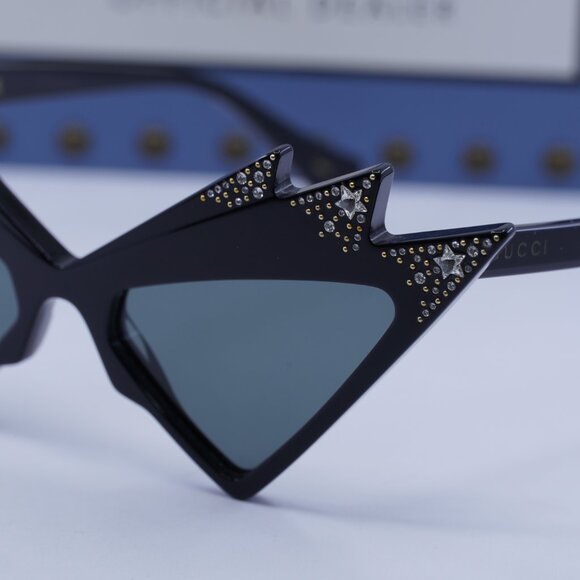 Gucci GG1371S 003 Cat Eye Sunglasses - Shiny Black with White Stones/Grey main image 12